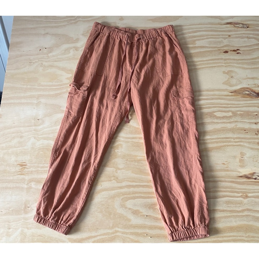 Love Tree Jogger Pants Women's L Orange Linen Blend Cargo Lounge Travel Comfy